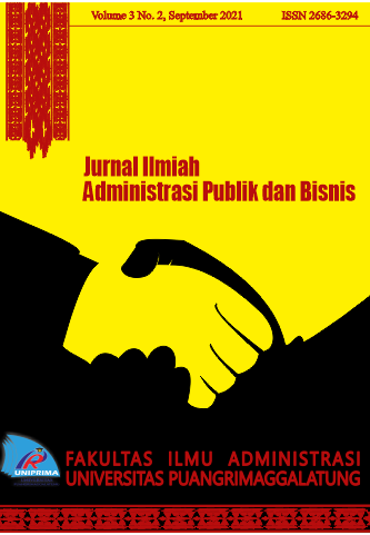 					View Vol. 3 No. 2 (2021): Jurnal Ilmiah Administrasi Publik dan Bisnis Volume 3, No. 2, September 2021
				